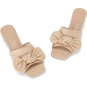 Coutgo Womens Bow Slides Sandals Wide Width Slip On Chunky Low Heels Square Open toe Elagant Summer Shoes(Khaki)