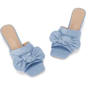 Coutgo Womens Bow Slides Sandals Wide Width Slip On Chunky Low Heels Square Open toe Elagant Summer Shoes(Light Blue)