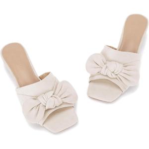 Coutgo Womens Bow Slides Sandals Wide Width Slip On Chunky Low Heels Square Open toe Elagant Summer Shoes(Nude)