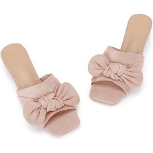 Coutgo Womens Bow Slides Sandals Wide Width Slip On Chunky Low Heels Square Open toe Elagant Summer Shoes(Pink)