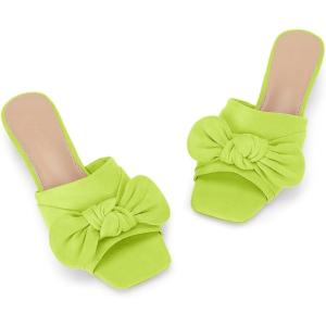 Coutgo Womens Bow Slides Sandals Wide Width Slip On Chunky Low Heels Square Open toe Elagant Summer Shoes(Tender Green)