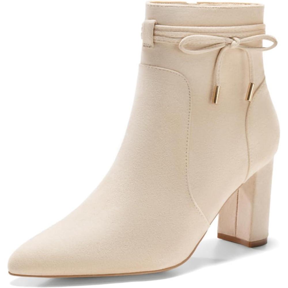 imageCoutgo Womens Pointed Toe Ankle Boots Chunky Block Heel Tie Knot Side Zipper Dressy BootiesBeige