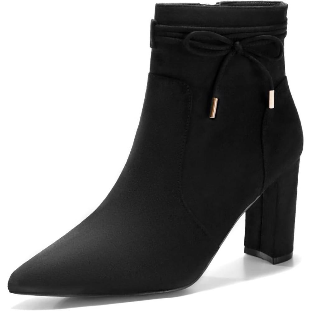 imageCoutgo Womens Pointed Toe Ankle Boots Chunky Block Heel Tie Knot Side Zipper Dressy BootiesBlack