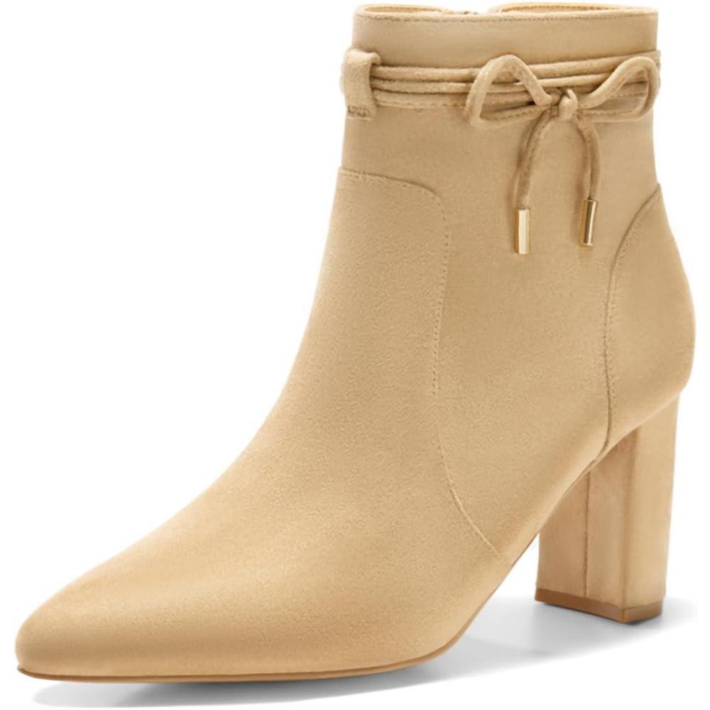 imageCoutgo Womens Pointed Toe Ankle Boots Chunky Block Heel Tie Knot Side Zipper Dressy BootiesKhaki
