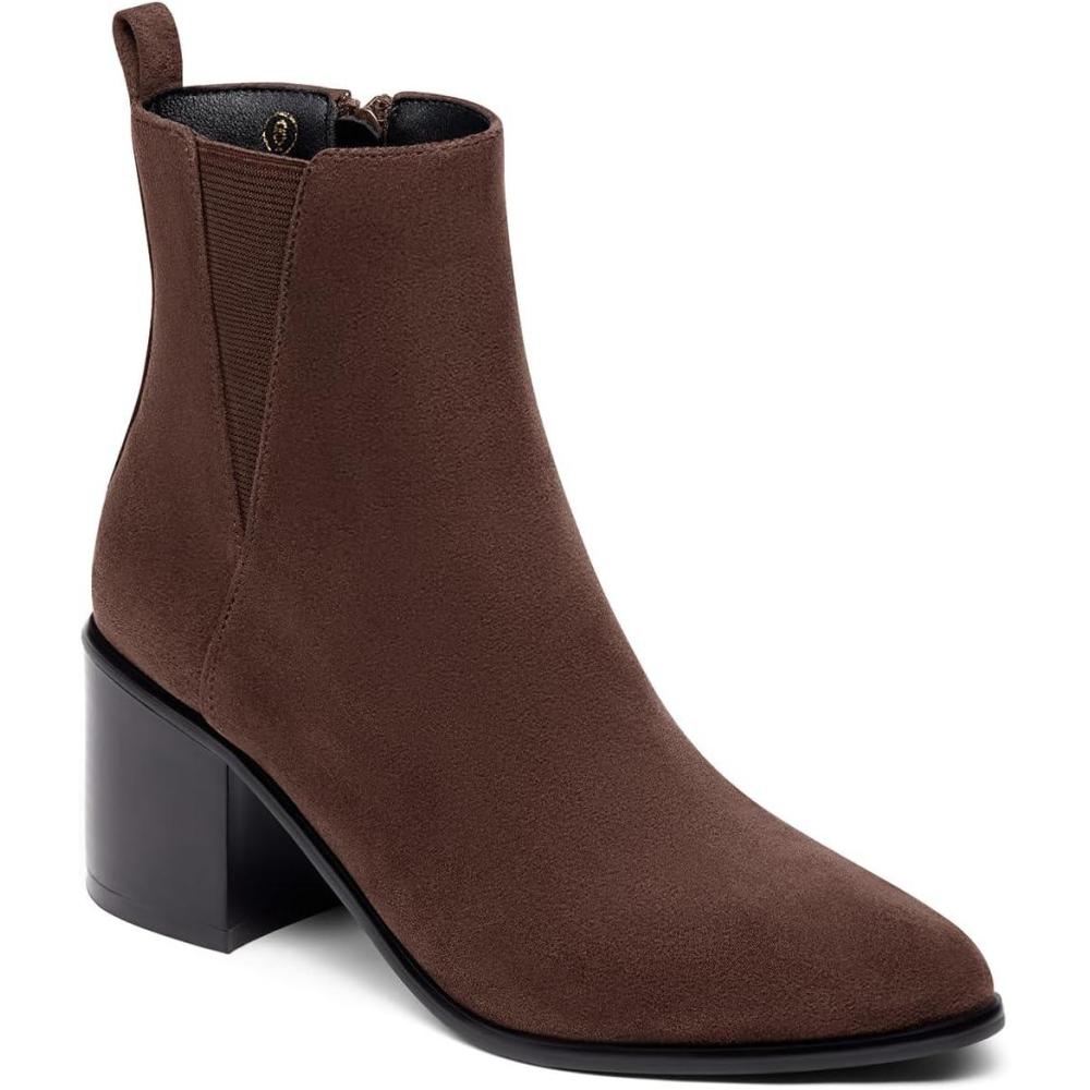 imageCoutgo Womens Pointed Toe Ankle Boots Chunky Block Stacked Heel Side Zipper Chelsea Fall BootiesChocolate