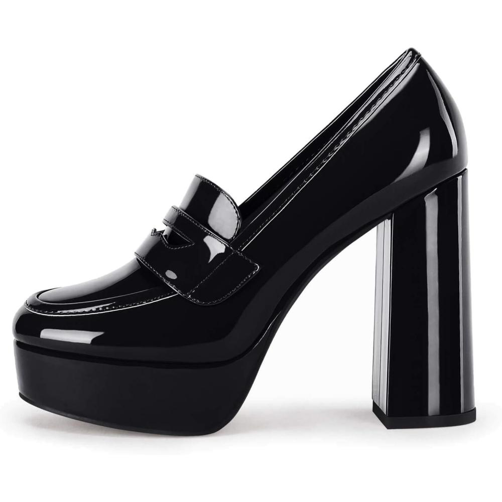 imageWomens Platform Heels Loafers Chunky High Heel Closed Toe Patent Leather Shoes Penny Loafer Business Dress Work PumpsBlack