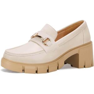 Coutgo Womens Chunky Platform Lug Sole Loafers Mid Heel Square Toe Dress Walking Work Shoes with Buckle Chain(Beige)