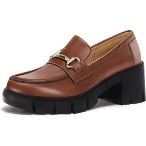 Coutgo Womens Chunky Platform Lug Sole Loafers Mid Heel Square Toe Dress Walking Work Shoes with Buckle Chain(Brown)