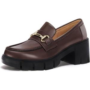Coutgo Womens Chunky Platform Lug Sole Loafers Mid Heel Square Toe Dress Walking Work Shoes with Buckle Chain(Coffee)