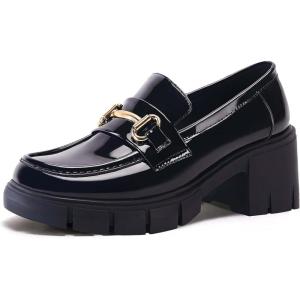 Coutgo Womens Chunky Platform Lug Sole Loafers Mid Heel Square Toe Dress Walking Work Shoes with Buckle Chain(Mirror Leather Black)