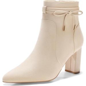 Coutgo Womens Pointed Toe Ankle Boots Chunky Block Heel Tie Knot Side Zipper Dressy Booties(Beige)