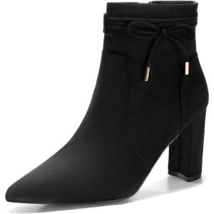 Coutgo Womens Pointed Toe Ankle Boots Chunky Block Heel Tie Knot Side Zipper Dressy Booties(Black)