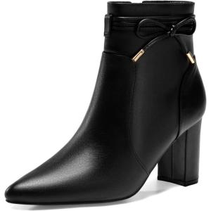 Coutgo Womens Pointed Toe Ankle Boots Chunky Block Heel Tie Knot Side Zipper Dressy Booties(Cool Black)