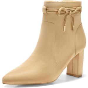 Coutgo Womens Pointed Toe Ankle Boots Chunky Block Heel Tie Knot Side Zipper Dressy Booties(Khaki)