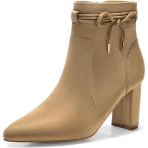 Coutgo Womens Pointed Toe Ankle Boots Chunky Block Heel Tie Knot Side Zipper Dressy Booties(Light Brown)