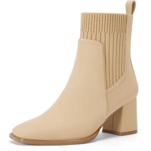 Coutgo Women’s Slip On Ankle Boots Chunky Block Heel Square Toe Splicing Dress Sock Booties(Beige)
