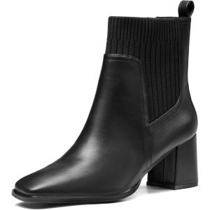 Coutgo Women’s Slip On Ankle Boots Chunky Block Heel Square Toe Splicing Dress Sock Booties(Black)