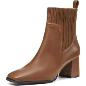 Coutgo Women’s Slip On Ankle Boots Chunky Block Heel Square Toe Splicing Dress Sock Booties(Brown)