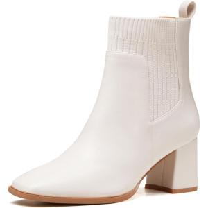 Coutgo Women’s Slip On Ankle Boots Chunky Block Heel Square Toe Splicing Dress Sock Booties(Cream White)