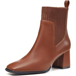 Coutgo Women’s Slip On Ankle Boots Chunky Block Heel Square Toe Splicing Dress Sock Booties(Dark Brown)
