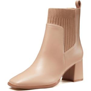 Coutgo Women’s Slip On Ankle Boots Chunky Block Heel Square Toe Splicing Dress Sock Booties(Khaki)