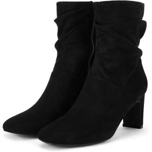 Coutgo Women’s Slouch Mid Calf Boots Chunky Heel Square Toe Zip Up Fall Fashion Booties Shoes(Black)