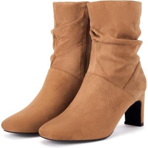 Coutgo Women’s Slouch Mid Calf Boots Chunky Heel Square Toe Zip Up Fall Fashion Booties Shoes(Brown)