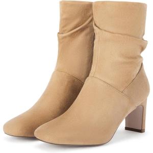 Coutgo Women’s Slouch Mid Calf Boots Chunky Heel Square Toe Zip Up Fall Fashion Booties Shoes(Khaki)