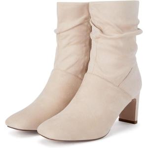Coutgo Women’s Slouch Mid Calf Boots Chunky Heel Square Toe Zip Up Fall Fashion Booties Shoes(Nude)