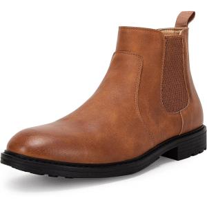 Men’s Ankle Boots Chelsea Round Toe Slip on Waterproof Faux Leather Classic Dress Booties for Men(Brown)
