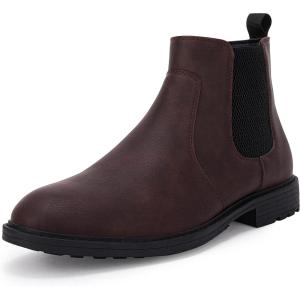 Men’s Ankle Boots Chelsea Round Toe Slip on Waterproof Faux Leather Classic Dress Booties for Men(Red&brown)