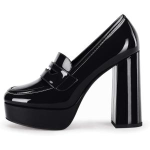 Womens Platform Heels Loafers Chunky High Heel Closed Toe Patent Leather Shoes Penny Loafer Business Dress Work Pumps(Black)