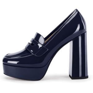 Womens Platform Heels Loafers Chunky High Heel Closed Toe Patent Leather Shoes Penny Loafer Business Dress Work Pumps(Navy)