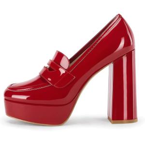 Womens Platform Heels Loafers Chunky High Heel Closed Toe Patent Leather Shoes Penny Loafer Business Dress Work Pumps(Red)