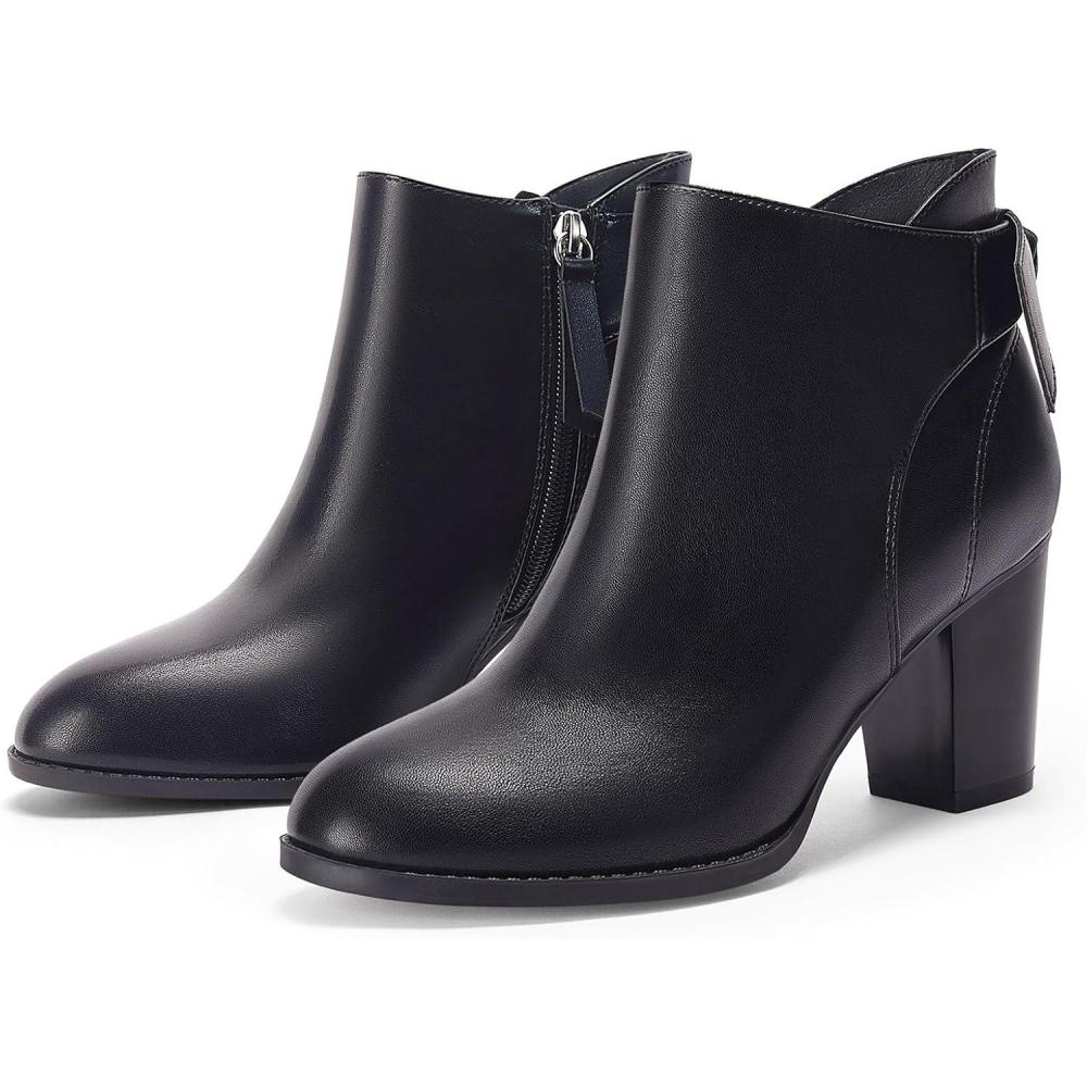 imageCoutgo Womens Fall Ankle Boots Shoes Chunky Block Stacked Heel Bow Tie Pointed Toe Dress Booties Side ZipperPu Black