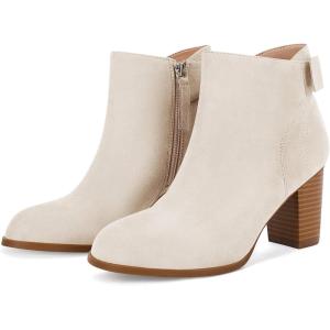 Coutgo Women’s Fall Ankle Boots Shoes Chunky Block Stacked Heel Bow Tie Pointed Toe Dress Booties Side Zipper(Beige)