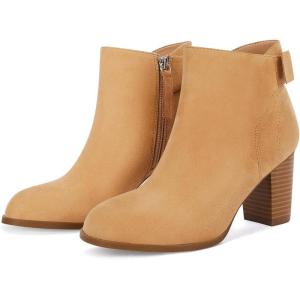 Coutgo Women’s Fall Ankle Boots Shoes Chunky Block Stacked Heel Bow Tie Pointed Toe Dress Booties Side Zipper(Light Brown)