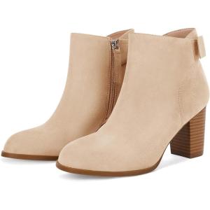 Coutgo Women’s Fall Ankle Boots Shoes Chunky Block Stacked Heel Bow Tie Pointed Toe Dress Booties Side Zipper(Nude)