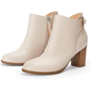 Coutgo Women’s Fall Ankle Boots Shoes Chunky Block Stacked Heel Bow Tie Pointed Toe Dress Booties Side Zipper(Pu Apricot)