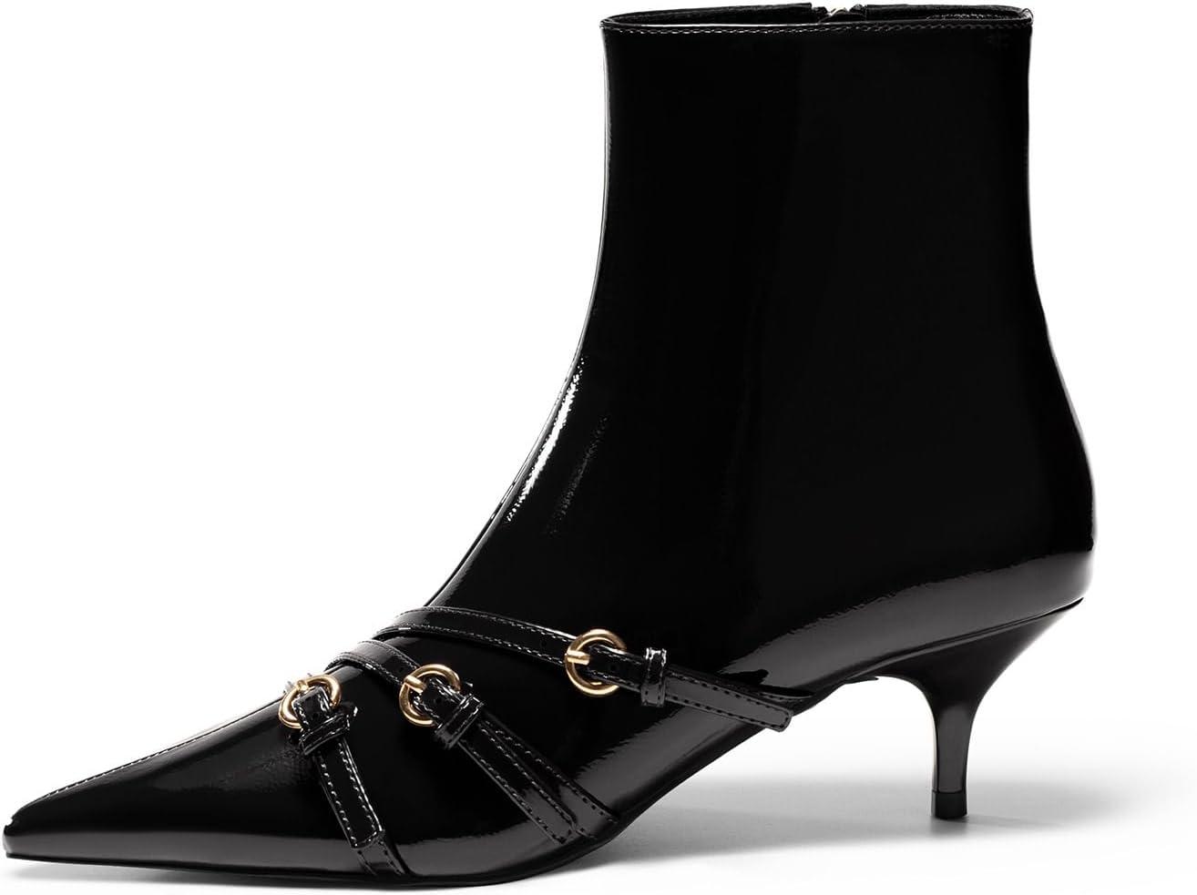 imageCoutgo Womens Buckle Strap Ankle Booties Kitten Low Heel Pointed Toe Y2K Boots Side Zipper Fall ShoesBlack