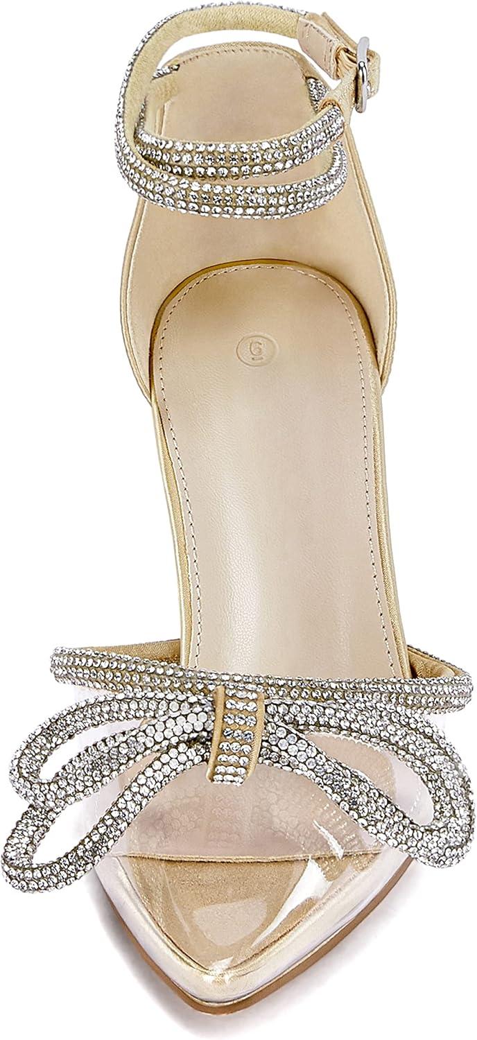 imageCoutgo Womens Clear Heels Closed Toe Pointed Rhinestone Heels Wedding Bridal Dress Shoes Ankle Strap Mid Heel Stiletto Pumps ShoesGold