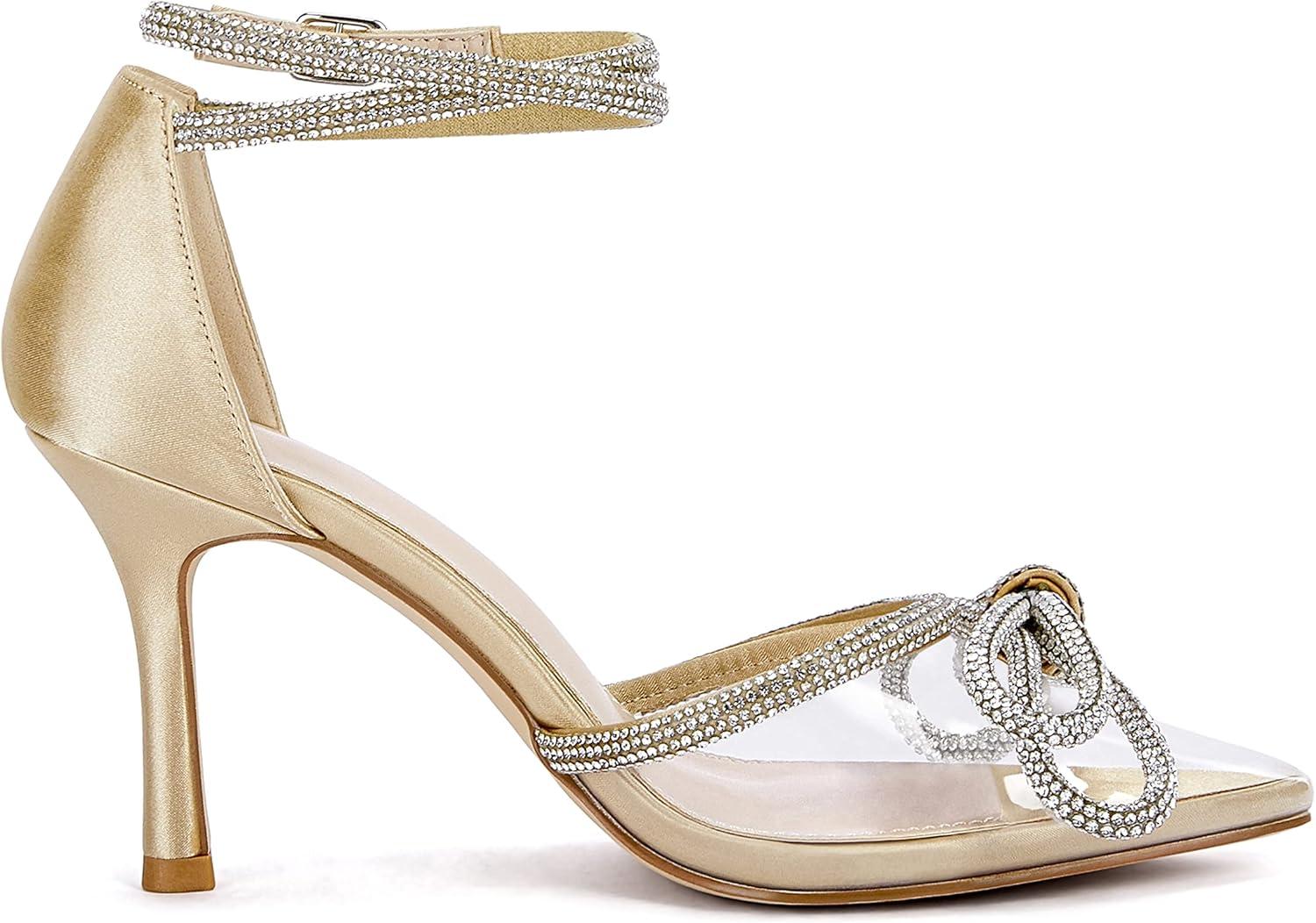imageCoutgo Womens Clear Heels Closed Toe Pointed Rhinestone Heels Wedding Bridal Dress Shoes Ankle Strap Mid Heel Stiletto Pumps ShoesGold