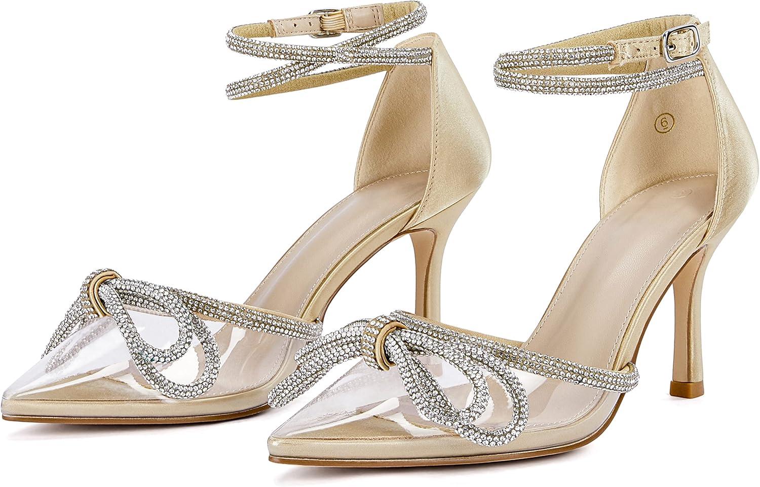 imageCoutgo Womens Clear Heels Closed Toe Pointed Rhinestone Heels Wedding Bridal Dress Shoes Ankle Strap Mid Heel Stiletto Pumps ShoesGold