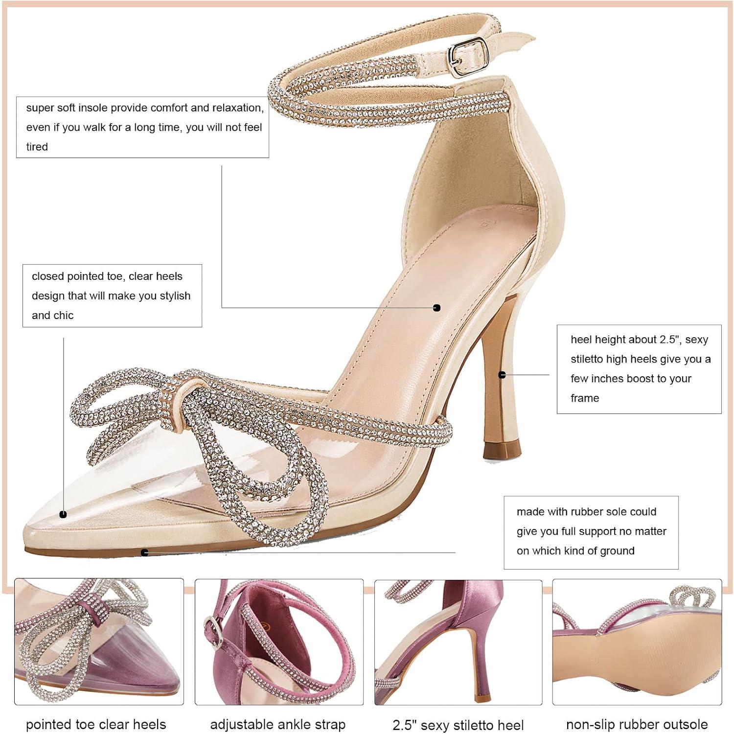 imageCoutgo Womens Clear Heels Closed Toe Pointed Rhinestone Heels Wedding Bridal Dress Shoes Ankle Strap Mid Heel Stiletto Pumps ShoesLight Gold