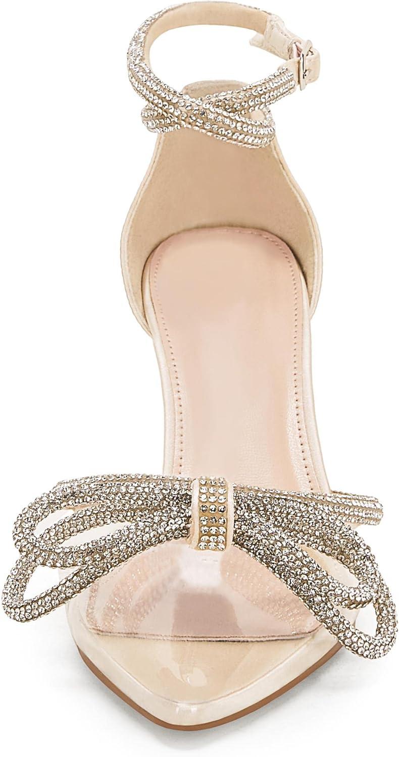imageCoutgo Womens Clear Heels Closed Toe Pointed Rhinestone Heels Wedding Bridal Dress Shoes Ankle Strap Mid Heel Stiletto Pumps ShoesLight Gold