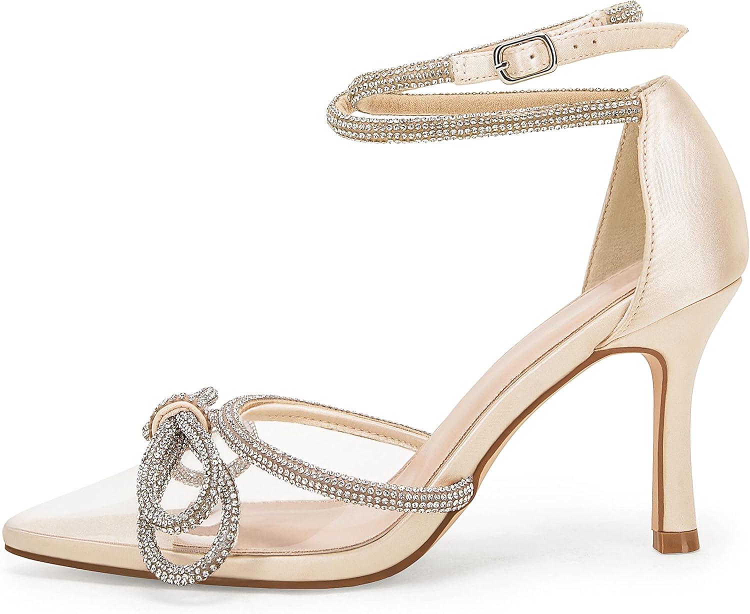 imageCoutgo Womens Clear Heels Closed Toe Pointed Rhinestone Heels Wedding Bridal Dress Shoes Ankle Strap Mid Heel Stiletto Pumps ShoesLight Gold