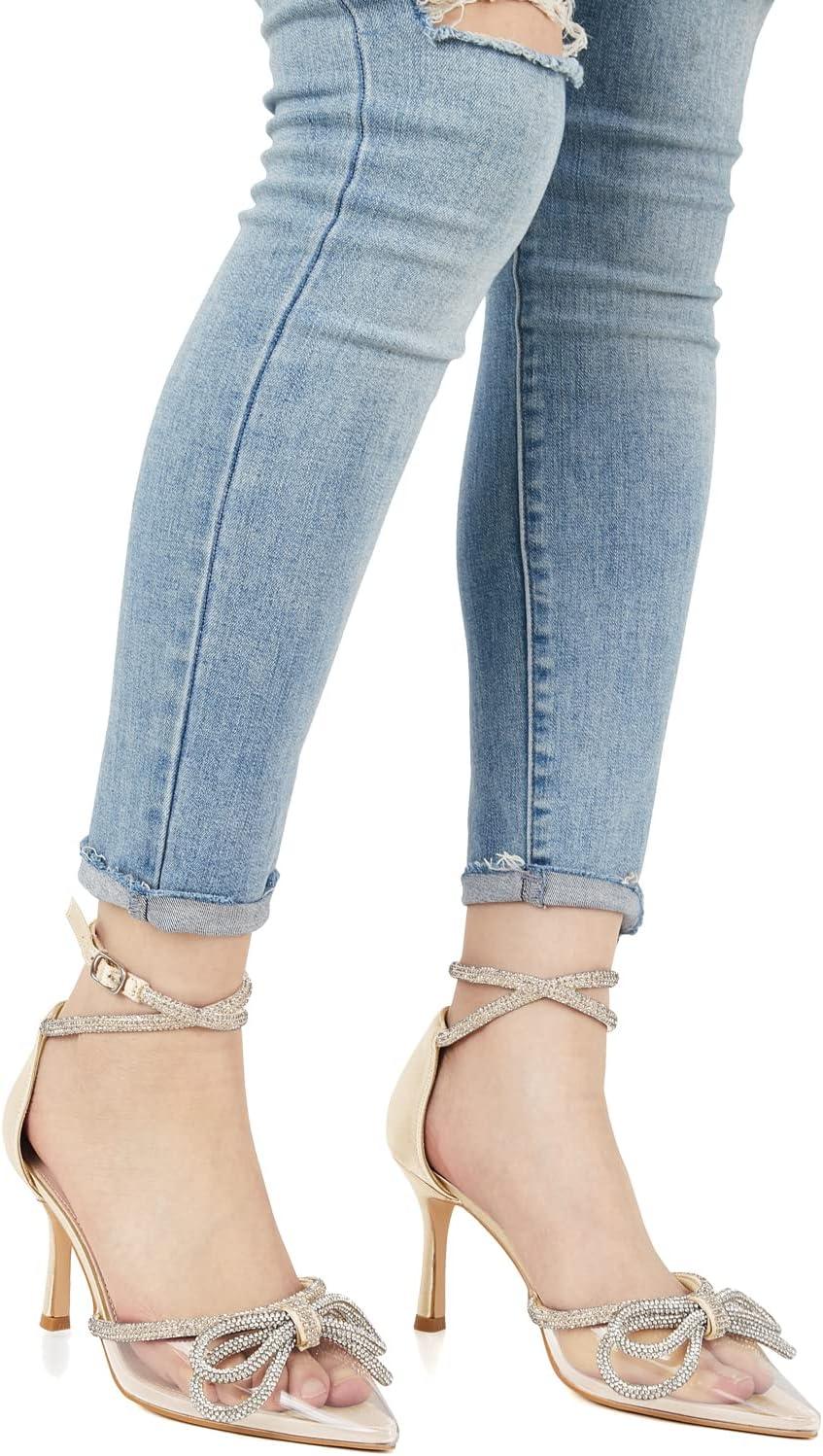 imageCoutgo Womens Clear Heels Closed Toe Pointed Rhinestone Heels Wedding Bridal Dress Shoes Ankle Strap Mid Heel Stiletto Pumps ShoesLight Gold