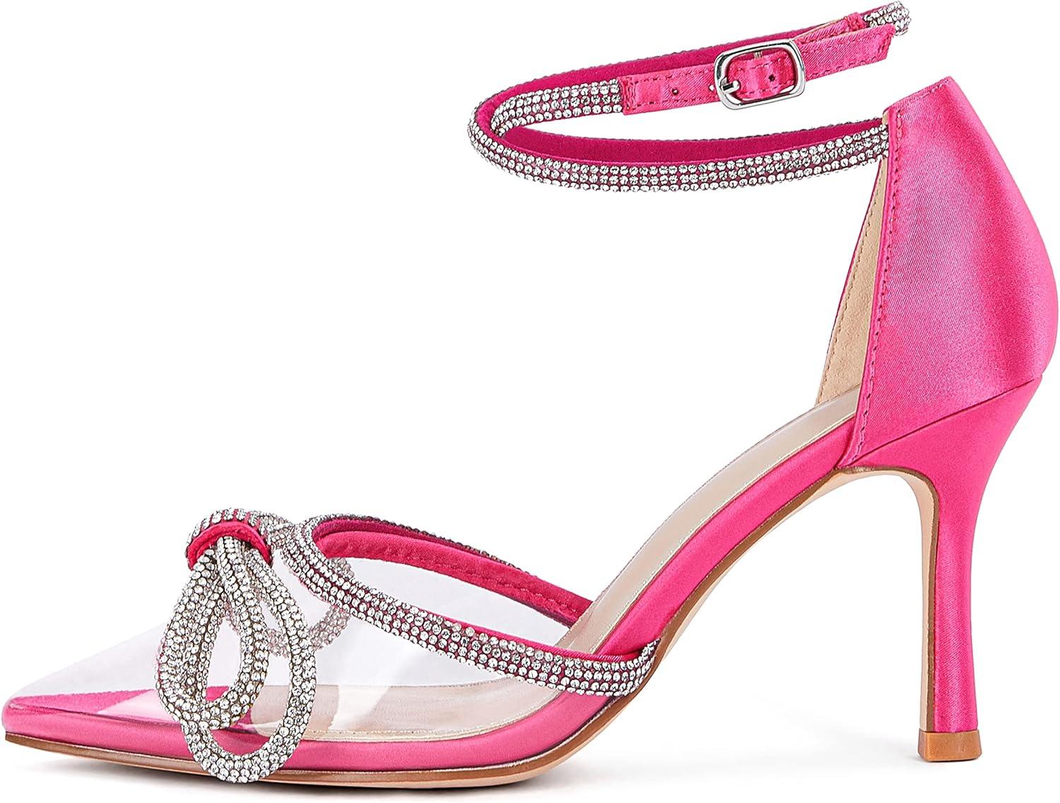 imageCoutgo Womens Clear Heels Closed Toe Pointed Rhinestone Heels Wedding Bridal Dress Shoes Ankle Strap Mid Heel Stiletto Pumps ShoesRose Red