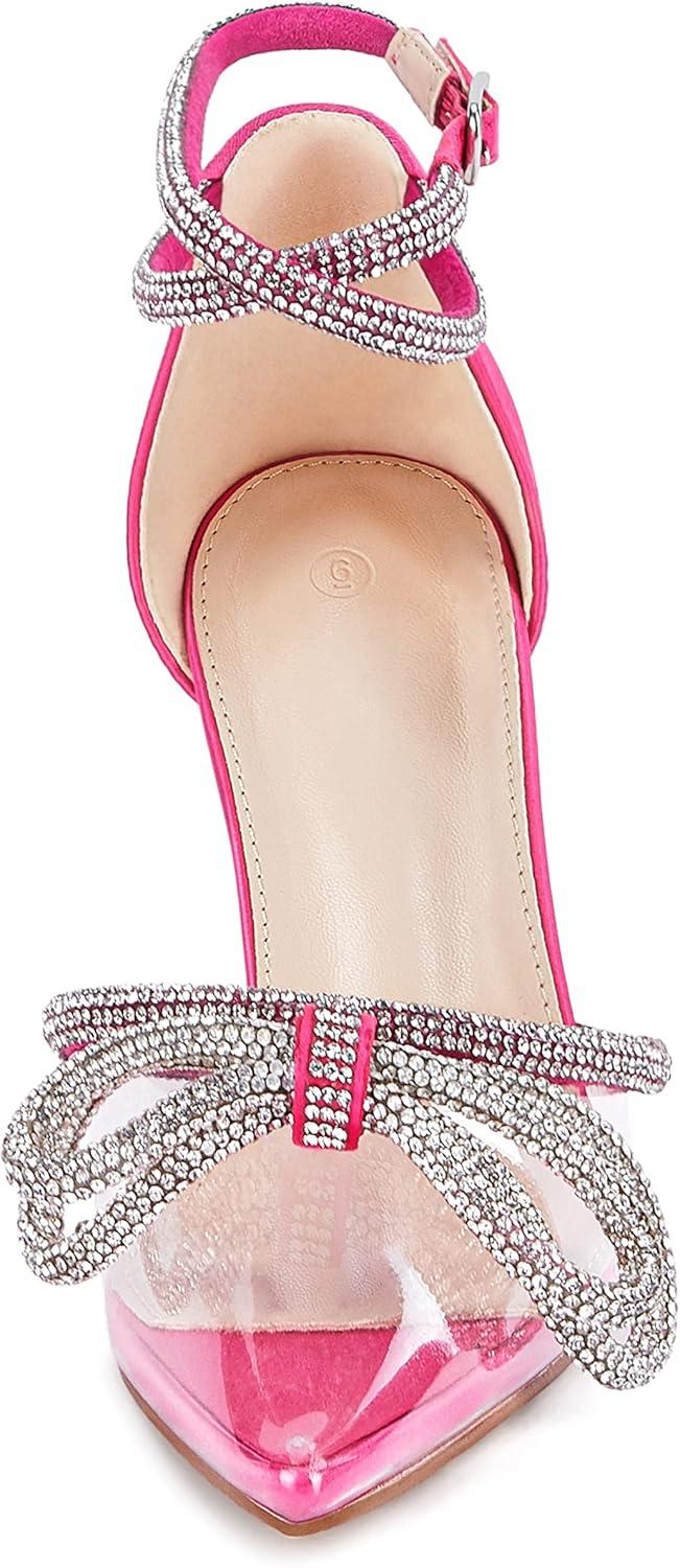 imageCoutgo Womens Clear Heels Closed Toe Pointed Rhinestone Heels Wedding Bridal Dress Shoes Ankle Strap Mid Heel Stiletto Pumps ShoesRose Red