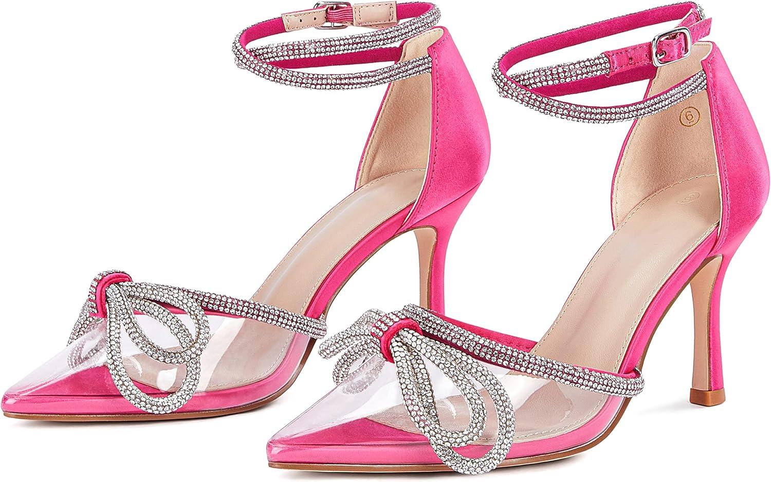 imageCoutgo Womens Clear Heels Closed Toe Pointed Rhinestone Heels Wedding Bridal Dress Shoes Ankle Strap Mid Heel Stiletto Pumps ShoesRose Red
